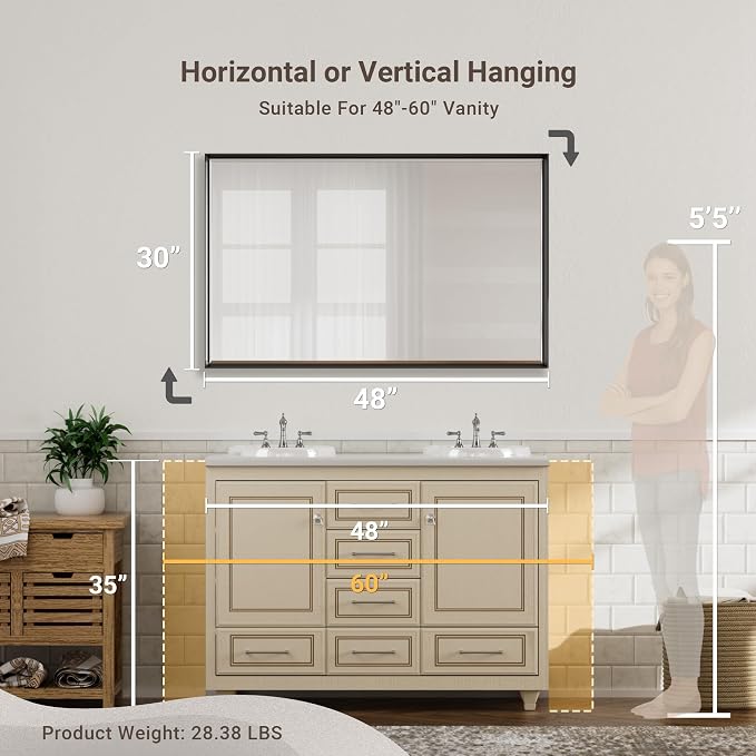 48 x 30 Black Framed Mirror for Bathroom, Beveled Black Bathroom Vanity Mirror Anti-Rust, Shatterproof Matte Black Rectangle Metal Frame Mirror, Vertical/Horizontal Large Wall-Mounted Mirrors