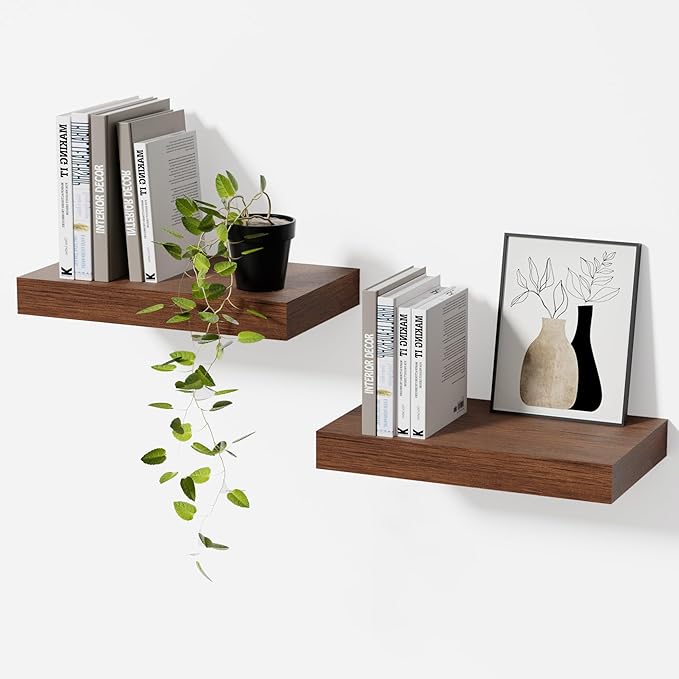 Walnut Floating Shelves for Wall Set of 2, 11.8 Inch Small Wood Wall Shelves for Bathroom Over Toilet, Bedroom & Home Office Storage, Wall Mounted Shelves for Books, Decor & Small Plants