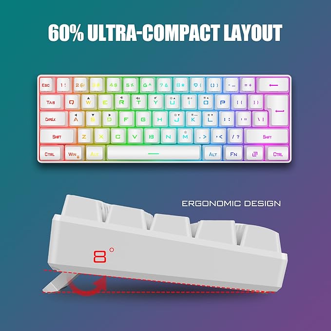 RedThunder 60% Mini Gaming Keyboard and Mouse Combo, Lightweight, Ultra-Compact 61 Keys RGB Backlit,7200 DPI Honeycomb Optical Mouse, Wired Gaming Set for PC MAC PS5 Xbox Gamer(White)