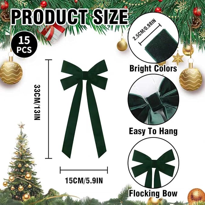 JOICEE 15Pcs Christmas Velvet Bows, 5in x 12in Christmas Tree Bows Rustic Crafts Gift Wrapping Bows Xmas Ornaments for Wreath Garland Tree Decorations Indoor Outdoor Holiday Decor(Green)