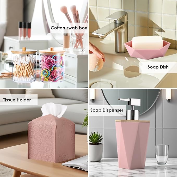 Pink Bathroom Accessories Set, 10 Pieces Bamboo Bathroom Set with Trash Can, Tray, Soap Dispenser, Soap Dish, Toothbrush Holder, Toothbrush Cup, Tissue Holder, Toilet Brush and Qtip Holders
