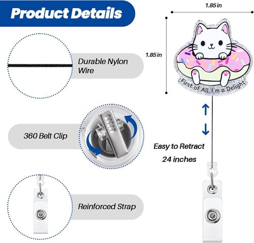 First of All | Cute Cat Retractable ID Badge Reel - Funny Work Badge Holder for Nurses & Teachers