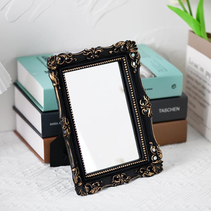 Funerom Vintage Decorative Mirror, Wall Mounted & Tabletop Makeup Mirror ，Rectangular(Black, 8.8 x 6.8 inch)