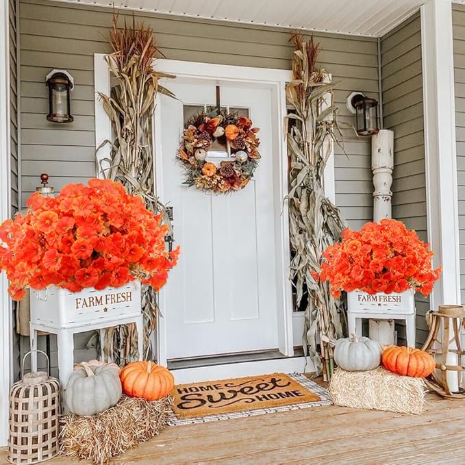 Artificial Fall Flowers Fake Plants for Outdoor Autumn Decoration, 12 Bundles Silk Orange Morning Glory UV Sun Resistant Realistic Faux Flowers for Window Box Porch Patio Yard Balcony (Fall Plants)