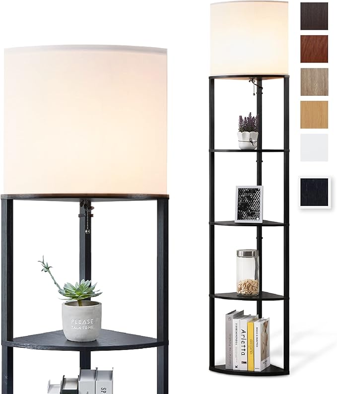 Corner Floor Lamp with Shelves, Tall Corner Lamp with Fabric Shade, Modern Torchiere Lamp for Living Room, Bedroom, Office, Corner Display Shelf with Light, Home Decor, Black