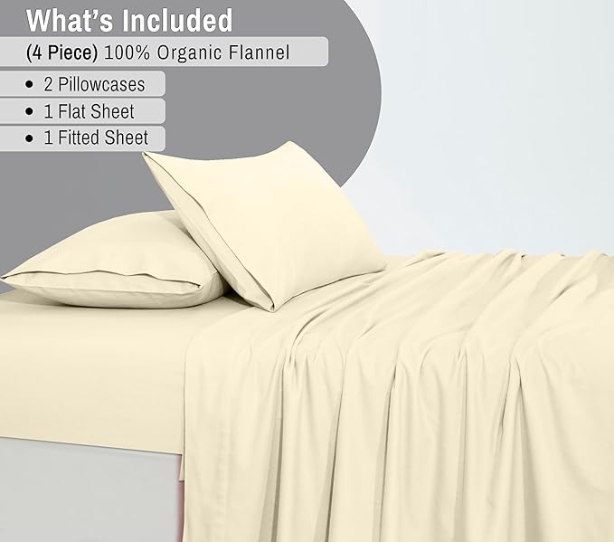 RUVANTI Flannel Sheets King Size - GOTS Certified 100% Organic Cotton, 4 Piece Warm, Soft & Breathable Set, Deep Pocket Snug Fit, Double Brushed Cozy All Season Bedding, Winter White