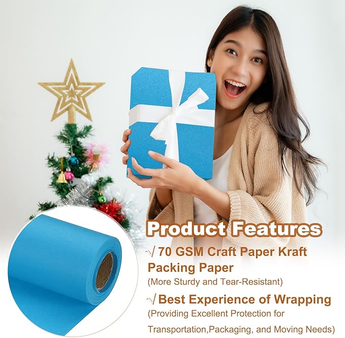 PATIKIL Wrapping Paper, 12" x 394"(33') 70 GSM Craft Paper Roll Kraft Packing Paper for Poster Bulletin Board, Gift Wrapping, Light Blue