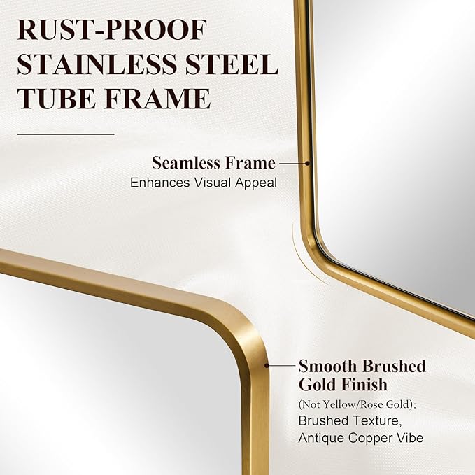 ANDY STAR 24x48’’ Gold Bathroom Mirror, Brushed Brass Mirrors for Bathroom Sink, Rounded Rectangle Mirrors Oblong, Rustproof Tube Metal Framed, 1’’ Deep Wall Mounted Vertical/Horizontal, Home Remodel