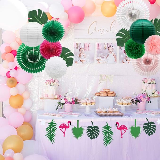 Tropical Flamingo Palm Leaves Party Decorations with Paper Fans Paper Lanterns Pom Poms Flowers for Birthday Bridal & Baby Shower Bachelorette Hawaiian Beach Pool Summer (Green)