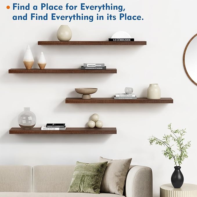 Harwaya 36 Inch Floating Shelves for Wall Set of 2, Large Long Wall Shelves for Living Room Decor, Walnut Brown Wooden Hanging Shelves for Bedroom Kitchen Bathroom Office Books Pictures (Dark Wood)