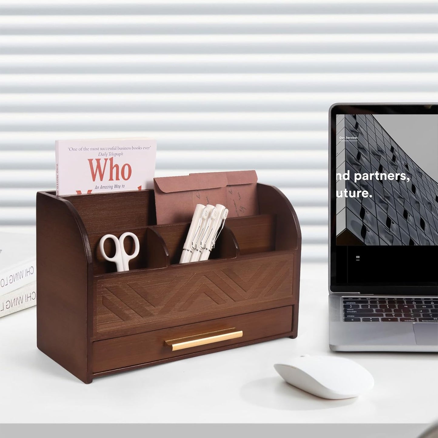 Skiennix Mail Organizer - Stylish Brown Wood Countertop Holder for Home & Office Storage