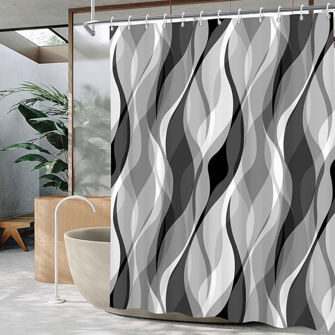 Grey Shower Curtain Black and White Shower Curtains for Bathroom Modern Gray Geometric Abstract Striped Minimalist Polyester Bathroom Curtain Sets Extra Long 72x72 in with 12 Hooks
