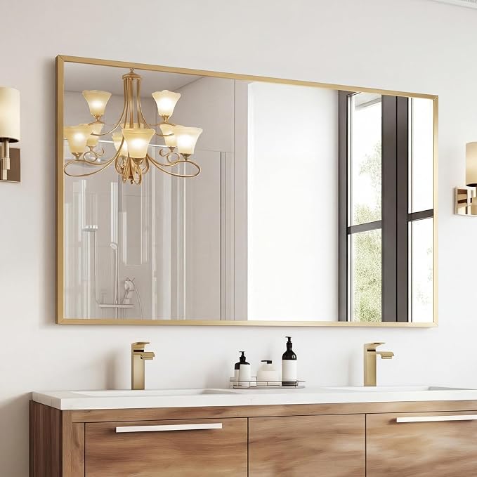 Sweetcrispy Bathroom Mirror for Over Sink, 30" x 48" Rectangle Wall Mount Mirrors with Metal Frame, Modern Vanity Mirror with Tempered Glass, for Home Decor, Anti-Rust, Gold