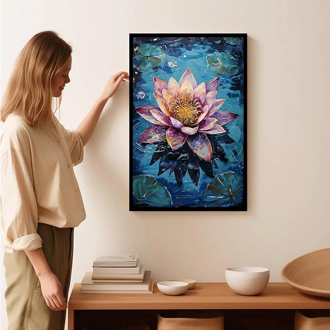 Gorgeous pink and purple water lilies on deep blue water Eye-catching oil painting Serene aquatic wall art for modern home decor 12x18in Metal blackFramed