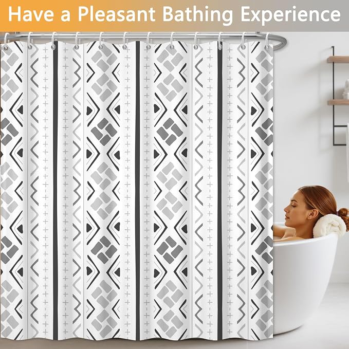Boho Geometric Grey Shower Curtain, Modern Abstract Vertical Striped Shower Curtains for Bathroom with Hooks, Hotel Style Waterproof Fabric Shower Curtain Set, Weighted Hem, 72x72 Inches