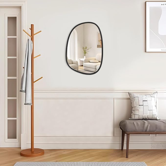 Asymmetrical Wood Wall Mirror - Irregular Oval Hanging Frame for Wall, Vanity, Bathroom, Living Room, Bedroom, Entryway, Hallway - Modern, Unique, Decorative, Artistic - Black