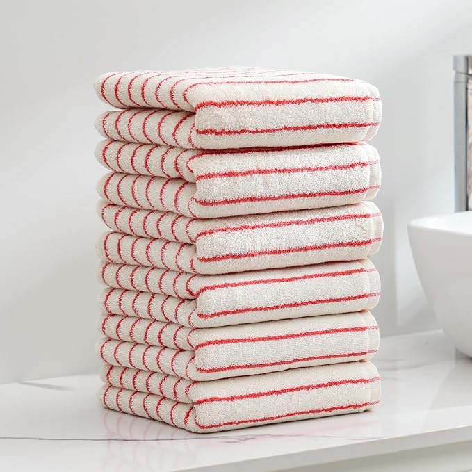 Striped Towels for Bathroom, 6 Pack Bath Hand Towels 100% Cotton Absorbent Quick Dry Face Towels for Bathroom Showering & Guest & Men and Women, 13” x 29”, Red and White Stripe
