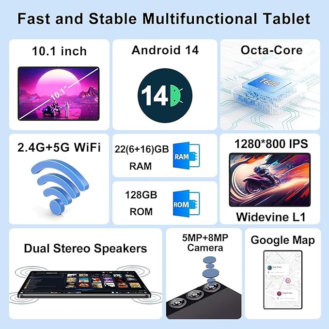 Android 14 Tablet, 2025 Tablets with 10 Inch IPS Incell Screen, 22GB+128GB (1TB Expand), 8000mAh Octa-Core Tablet with Keyboard, Mouse, Case, GPS, BT5.0, Support Widevine L1, Split Screen -Metal Brown