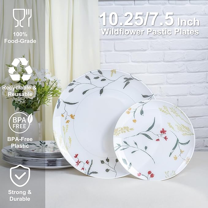 U-QE 20Pcs Wildflower Plastic Plates - Spring Floral Plates Disposable Heavy Duty, Fancy Floral Pattern Perfect for Weddings, Tea Parties, Holidays - 10.25" Dinner Plate & 7.5" Dessert Plate