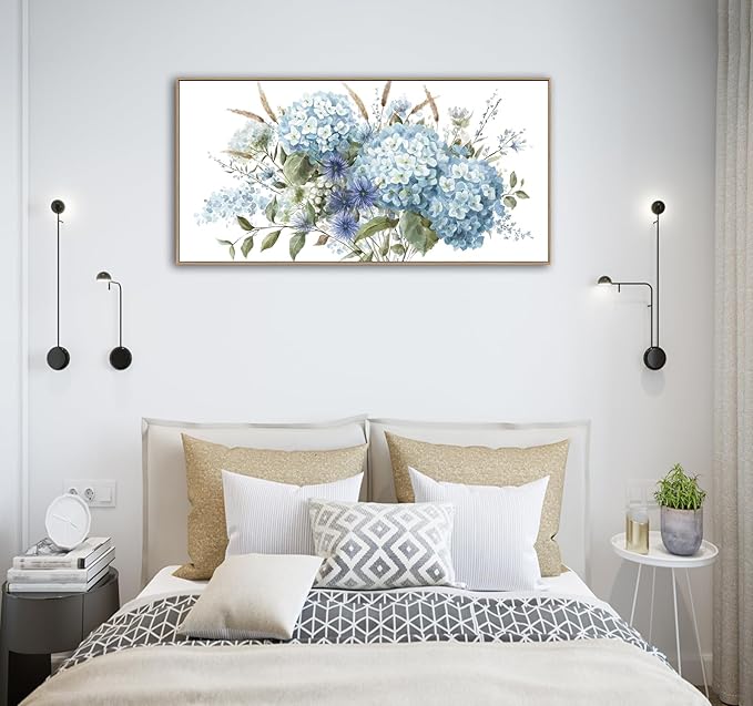 VEAEE Framed Flowers Canvas Wall Art - Blue Floral Canvas Pictures, Living Room Wall Decor, Blue Hydrangea Botanical Canvas Prints Painting Abstract Artwork Bedroom Office Home Decor 20"x 40"