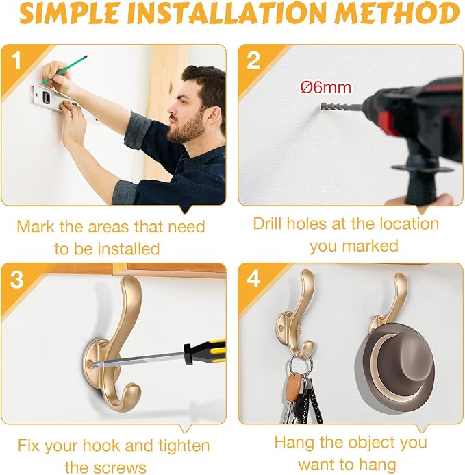 10 Pack Coat Hooks Wall Mount Heavy Duty Utility Retro Double Hooks for Hanging Coats,Hat, Towel, Key, Robe, Scarf, Bag, Cap (Gold)