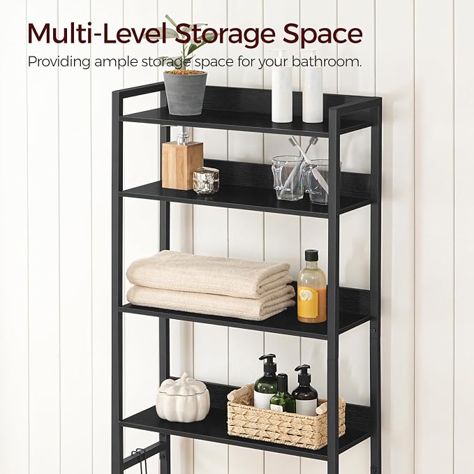 MAHANCRIS Over The Toilet Storage Rack, 4 Tier Bathroom Organizer Over Toilet, Freestanding Space Saver Toilet Stand with 2 Hooks, Bathroom Storage Shelf, Easy to Assemble, Black TSHB0401