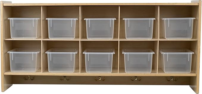 10 Section Wall Mount Classroom Storage Organizer, Cubby Shelving with Coat Locker, Translucent Trays, and Hooks for Daycare, Home, Kids Friendly Design, 21.75" High
