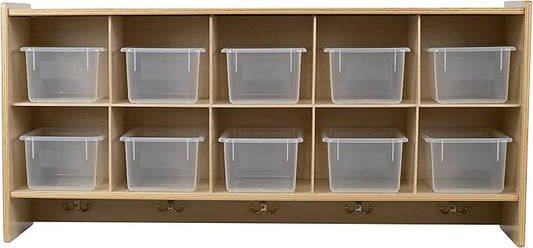 10 Section Wall Mount Classroom Storage Organizer, Cubby Shelving with Coat Locker, Translucent Trays, and Hooks for Daycare, Home, Kids Friendly Design, 21.75" High
