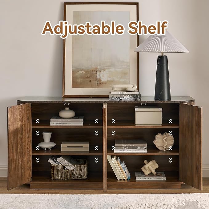 64" Sideboard Buffet Cabinet with Storage, Modern Fluted Credenza with Adjustable Shelves, Wood Faux Marble-Top Coffee Bar Console Table for Living Room Kitchen Dining Room, 31.5" H, Walnut