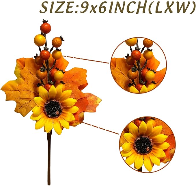 6 Pack Fall Stems Artificial Berry Picks Fall Picks with Sunflowers Maple Leaves Branches Decorations for Harvest Autumn Thanksgiving Day Flower Arrangements Wreaths Indoor Outdoor Home Decor