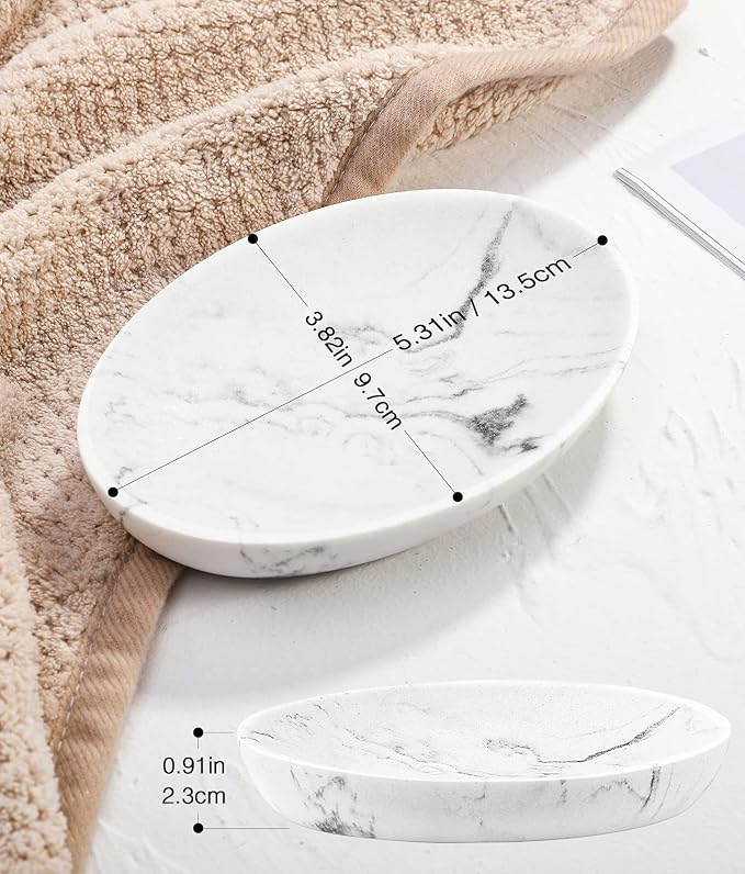 Luxspire Soap Dish 2 Packs, Resin Soap Tray Soap Holder Container Box, Marble Pattern Oval Soap Plate Case, Sponge Dish Scrubbers Tray Holder for Bathroom Vanity Shower Kitchen Sink, Gravel White