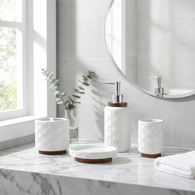 RQYIXI 4 Piece Bathroom Accessories Set, White Ceramic Bath Accessory Set with Wood Accents, Soap Dispenser, Toothbrush Holder, Tumbler and Soap Dish, Elegant Bathroom Countertop Decor