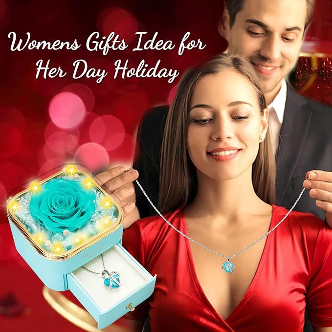 Preserved Light Blue Real Rose with Heart Necklace -Eternal Flowers Rose Birthday Gifts for Women Wife Mom Girlfriend Grandma Gifts Idea on Christmas Valentines Mothers Day for Her