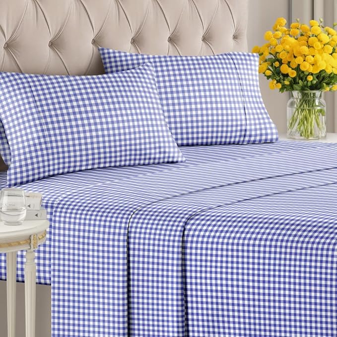 Blue Gingham Sheets - 1 Flat & 1 Fitted Sheet & 2 Pillowcases w/ Deep Pockets - Grid, Plaid, Checkered Pattern Bed Set - Comfy, Wrinkle & Fade Resistant - Ultra-Soft, Breathable & Cooling -Queen Size