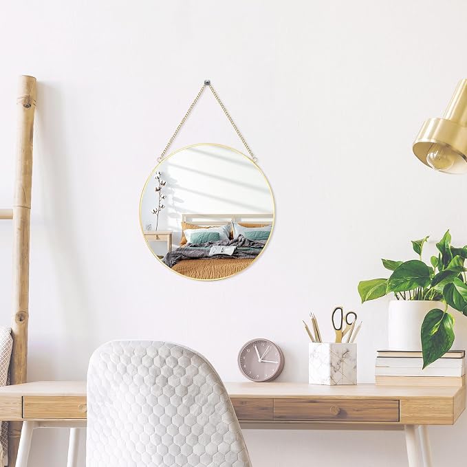 LONGWIN Hanging Wall Circle Mirror Decor Gold Geometric Mirror with Chain for Bathroom Bedroom Living Room 11.8"