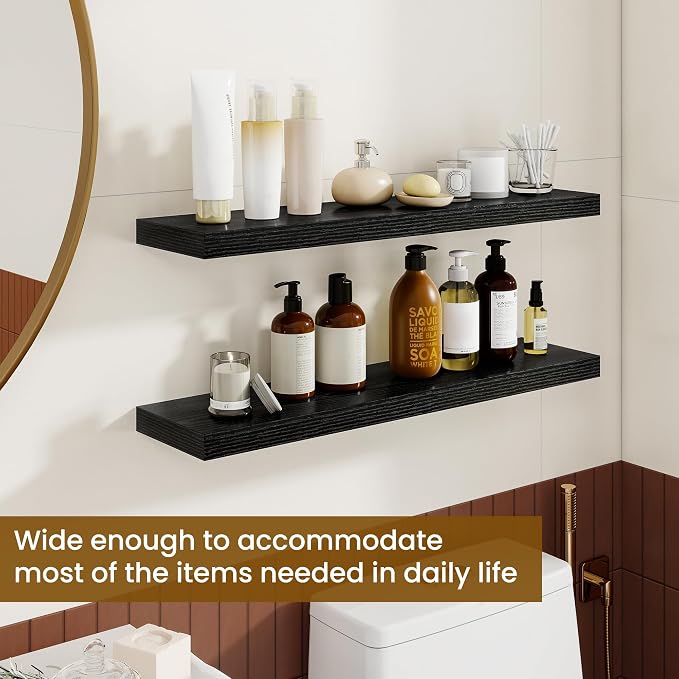 Dreamland 30Inch Floating Shelves for Wall, Rustic Wooden Black Floating Shelves for Bathroom|Bedroom|Kitchen, Deep Wall Mounted Book Shelf, Wood Storage Display Shelf for Home Decor, Set of 2