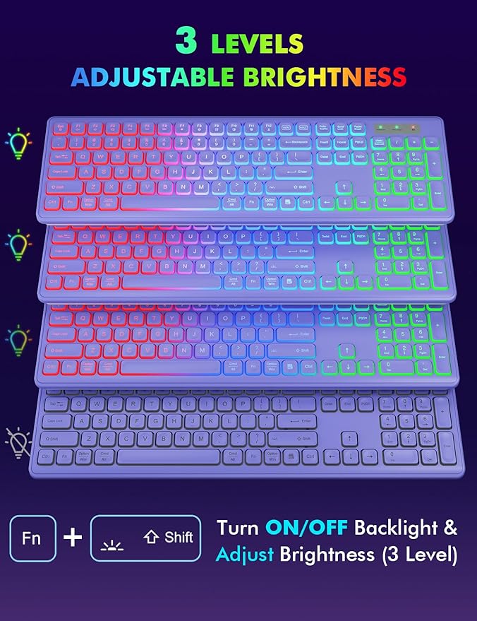 Wireless Keyboard and Mouse Combo, RGB Backlit, Rechargeable & Light Up Letters, Full-Size, Soft Typing, Sleep Mode, 2.4GHz Quiet Keyboard Set for Mac, Windows, Laptop, PC, Trueque (Purple)