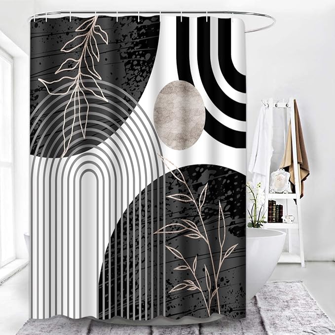 Emvency Shower Curtain Boho Palm Leaves Bohemian Mid Century Botanical Sun Modern Aesthetic Arch Curve Black Bathroom Home Decor Waterproof Polyester Fabric 72 x 72 inches Set with Hooks