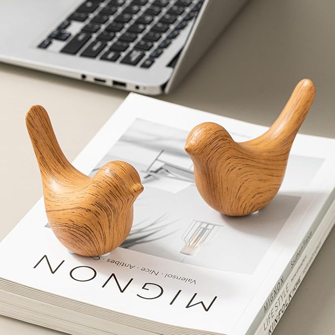 Boho Bird Statue, Vintage Bird Figurine Sculpture for Home Decor, Shelf Decor, Living Room, Bedroom, Office, Decorative Bird Gift for Women - Wood-Look Pair