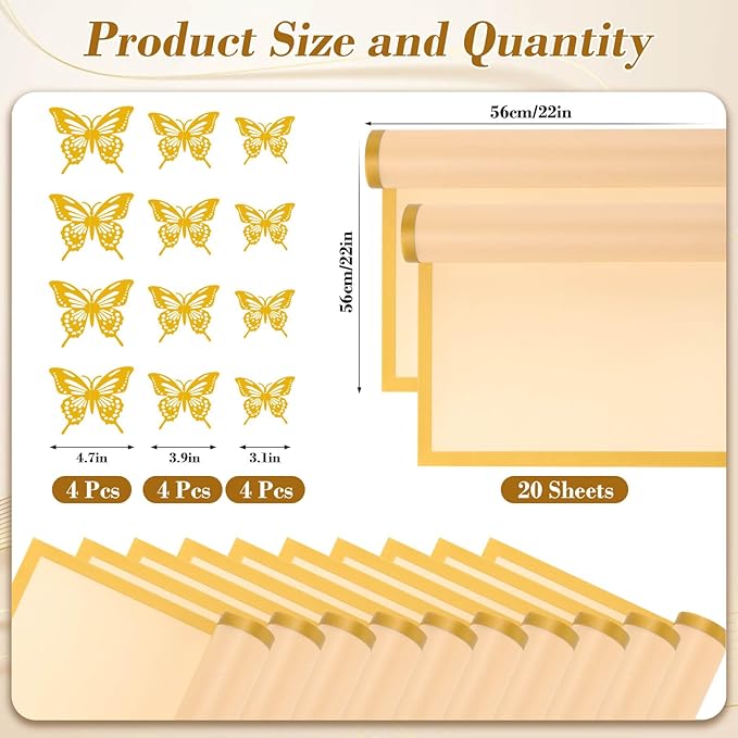 cridoz 20 Sheets Flower Bouquet Wrapping Paper with 12 Pieces Gold Butterfly Decorations for Flower Bouquets, Gift Wrapping(Champagne)