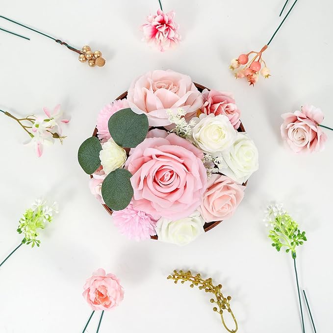 Artificial Flowers Combo Box Set Pink Roses Floral Fake Flowers Realistic Touch Flowers with Stems for Wedding Bouquets Table Centerpieces Home Decor
