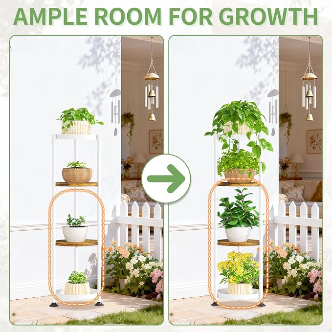 KMOTASUO 4 Tier White Plant Stand Indoor for Large Tall Heavy Duty Planter, Multiple Sturdy Metal Flower Corner Rack for Narrow House Floor, Iron Vertical Level Round Orchi Holder Organizer, Modern