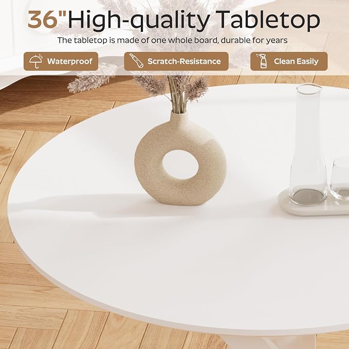 RGZ Mid Century White Round Dining Table Set for 4, 36" Small Wooden Circle Kitchen Table & 4 Light Gray PU Leather Kitchen Chairs, Dinner Table Set for Home, Apartment, Dining Room