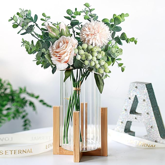 Glass Cylinder Vase with Wood Base,Bud Vase for Centerpieces,8 Inches Clear Ribbed Flower Vase,Tall Glass vase Hurricane Candle Holder,Wooden Vase Decorative for Home Decor,Wedding,Housewarming Gift