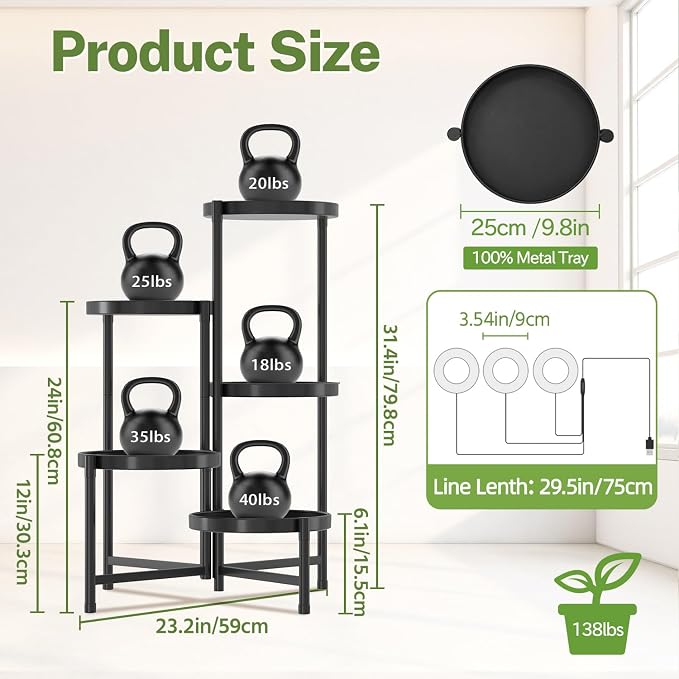 iDavosic.ly 5 Tier Large Plant Stand Indoor with Grow Light, Tiered Corner Metal Outdoor Flower Display Holder Shelf with 10 Inch Wide Tray, Folding Tall Rack for Patio Porch Living Room, Black