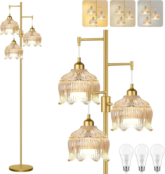 Dimmable Floor Lamps for Living Room Bedroom,Gold Floor Lamp with Glass Lampshape 3 Color Temperatures, Flower Mid Century Modern Standing Lamp Glass Tall Floor Lamps for Living Room Bedroom,Corner