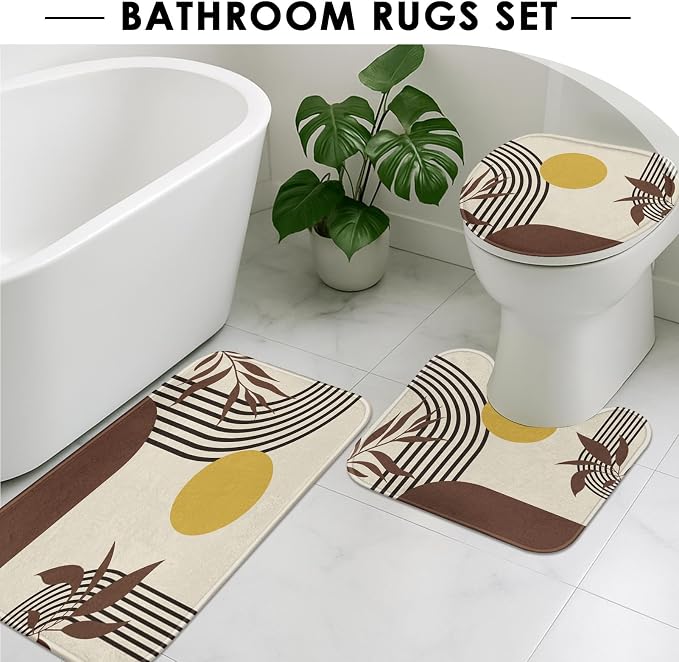 Boho Mid Century Shower Curtain Set with Toilet Lid Cover and Non-Slip Rugs, Abstract Geometric 4 Pcs Modern Minimalist Brown Yellow Vintage Shower Curtain for Bathroom Set with 12 Hooks
