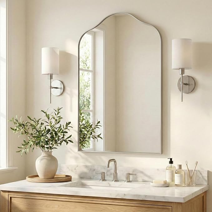 ANDY STAR Scalloped Arched Mirror, 24x36 Brushed Nickel Irregular Bathroom Mirror for Vanity, Asymmetrical Curved, Silver Rustproof Stainless Steel Frame, for Over Sink, Bedroom, Mantel, Fireplace