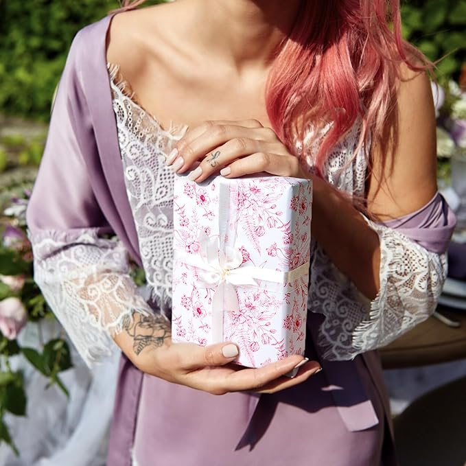Yarcony Pink Floral Gift Wrapping Paper Roll, Bridal Shower Wrapping Paper, Vintage Toile Pink Floral Gift Wrap for Girl Birthday,Wedding, Mother's Day,Valentine's Day,Baby Shower (17 In X 16.5 Ft)