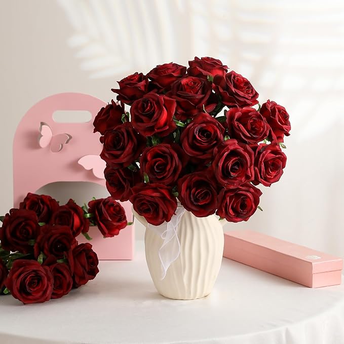 Kisflower 80 Pcs Burgundy Roses Artificial Flowers Bulk, Maroon Flowers Artificial Silk Roses with Stems for Decoration DIY Wedding Bouquet Bridal Shower Party Home Table Centerpieces Decor (Burgundy)
